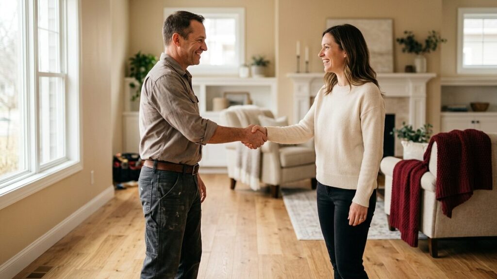A flooring installer shaking hands with a happy homeowner on a newly installed floor