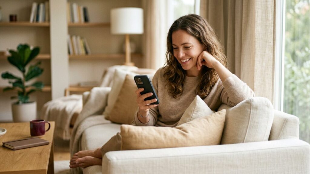A person at home on their phone reassured after finding a trustworthy lawyer
