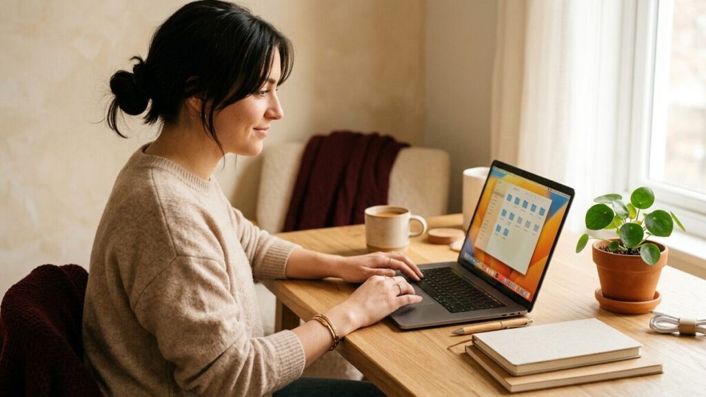 A person tidying and organizing files on a laptop at a clean desk