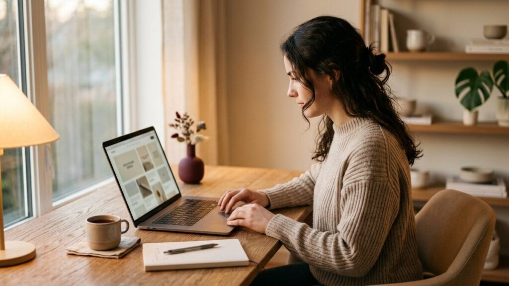 A person carefully editing webpage details on a laptop at a desk