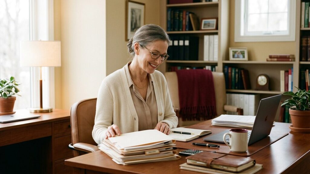 A warm, professional accountant office with a tidy desk and documents