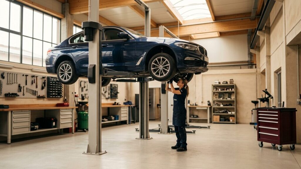 A clean, professional auto repair shop with a car on a lift