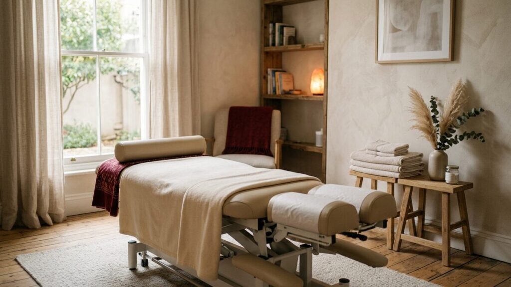 A warm, calm and inviting chiropractic treatment room