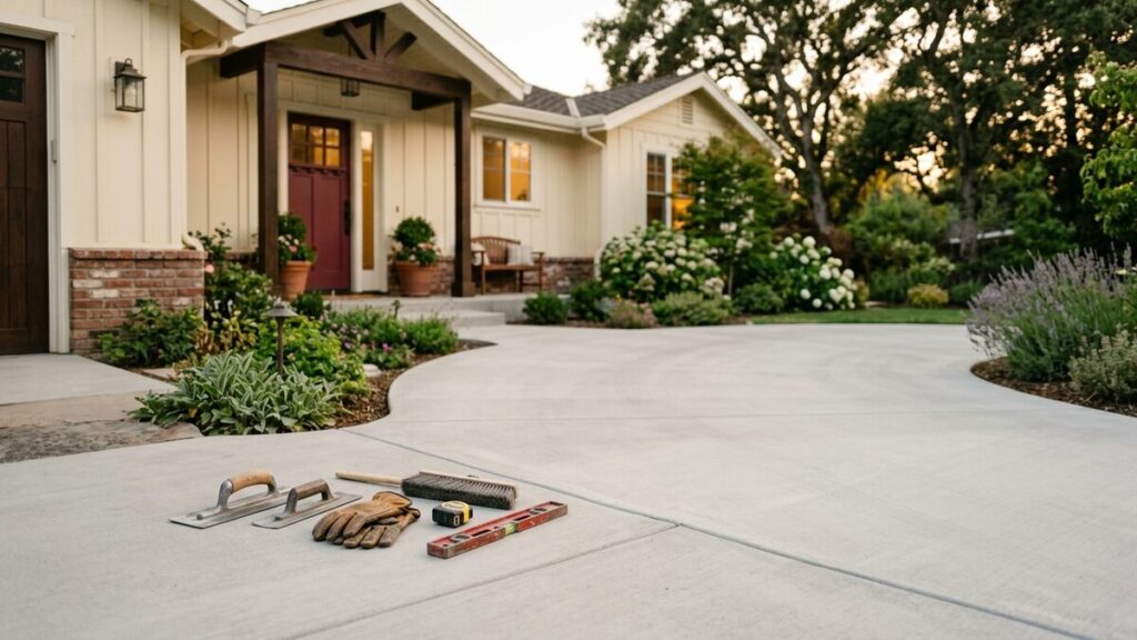 A freshly finished smooth concrete driveway and patio outside a warm home