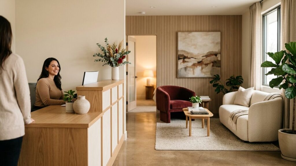 A warm, welcoming modern dental office reception area