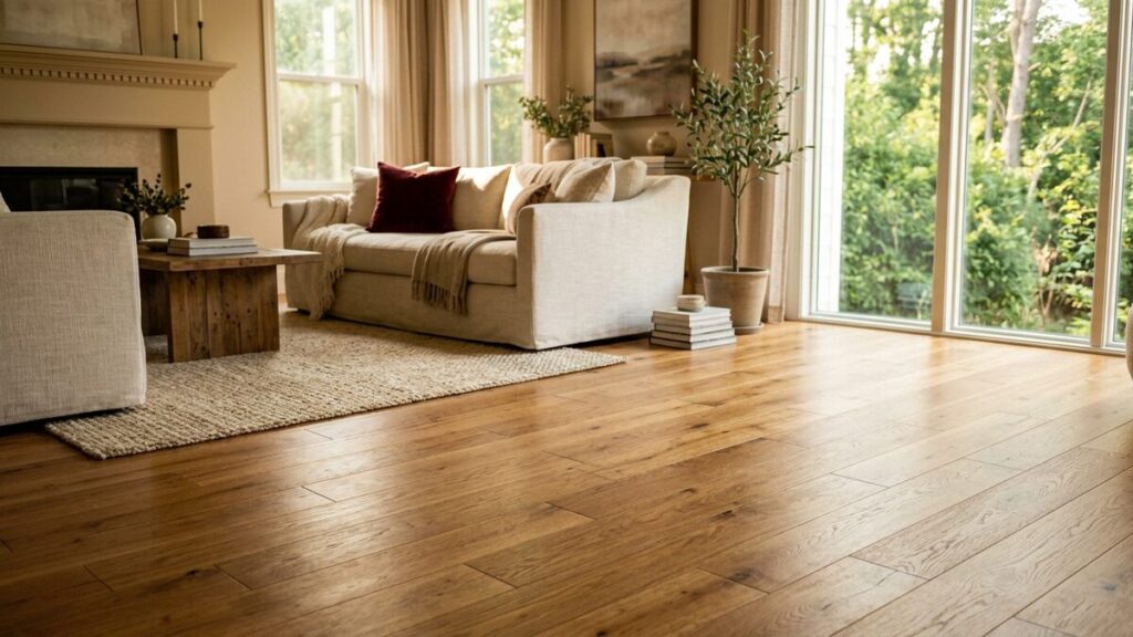 A beautiful newly installed hardwood floor in a warm sunlit living room