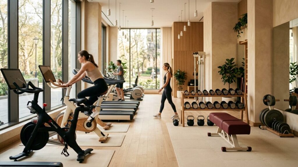 A clean, modern, inviting gym interior with equipment