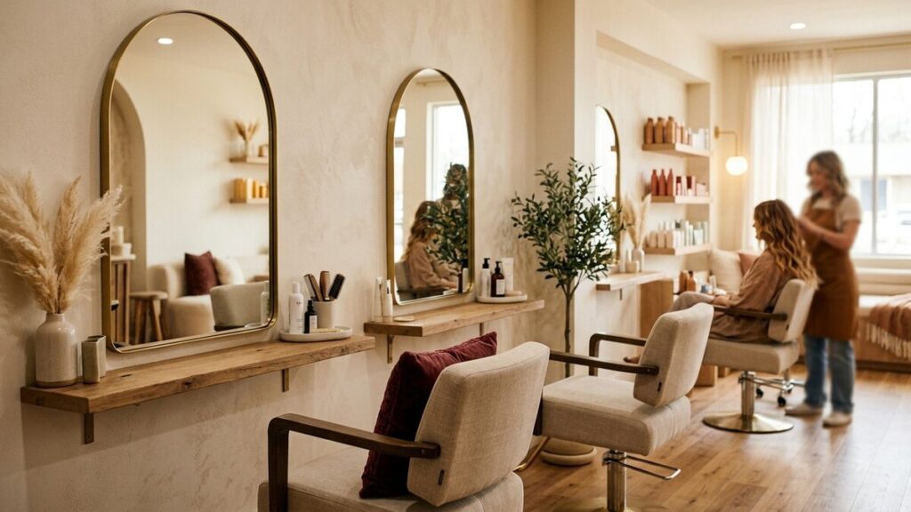 A stylish, warm hair salon interior with styling chairs and mirrors