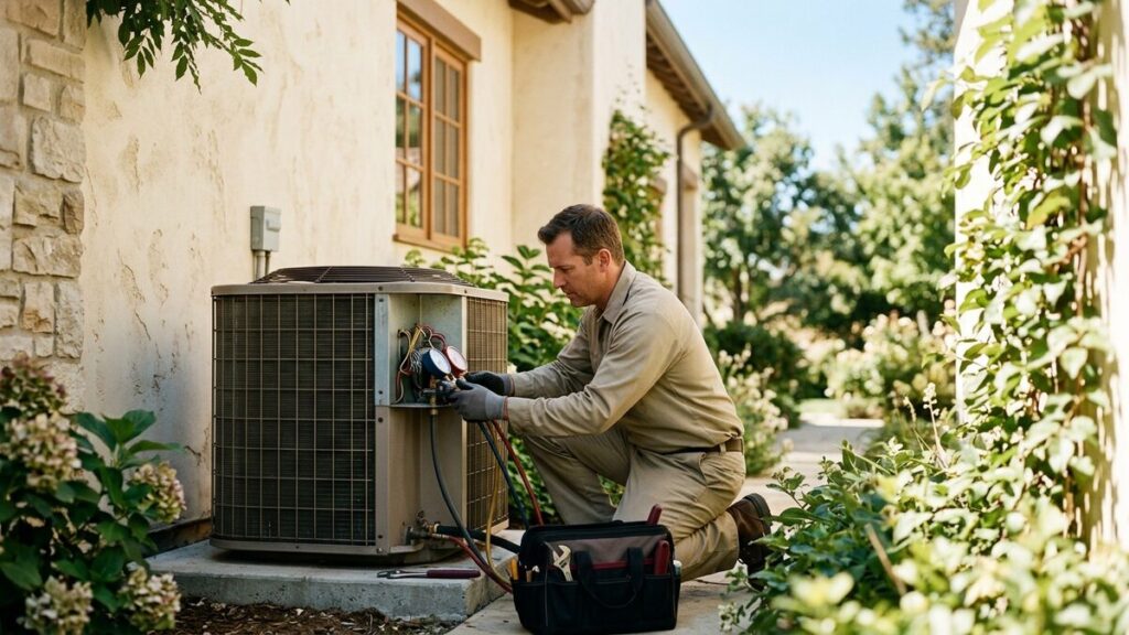 An HVAC technician servicing an air conditioning unit beside a home