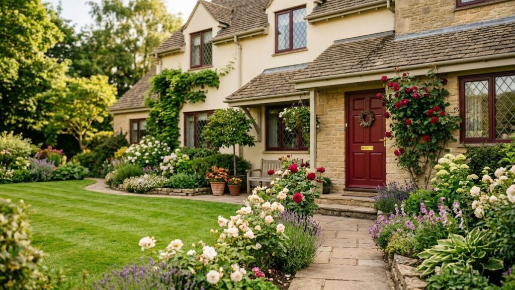 A beautifully landscaped front garden and lush lawn outside a home