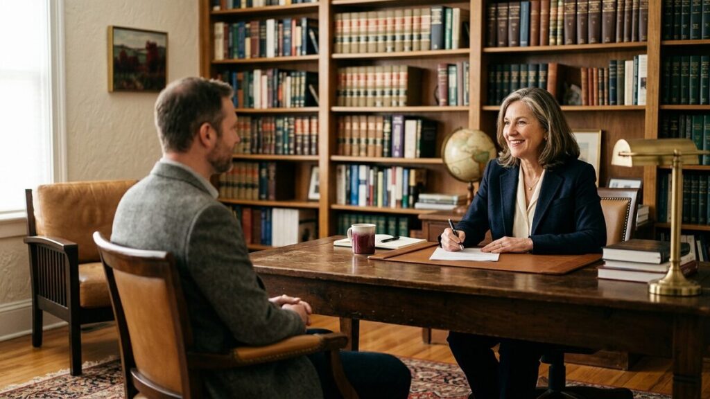 A warm, professional law office with a desk and shelves of books