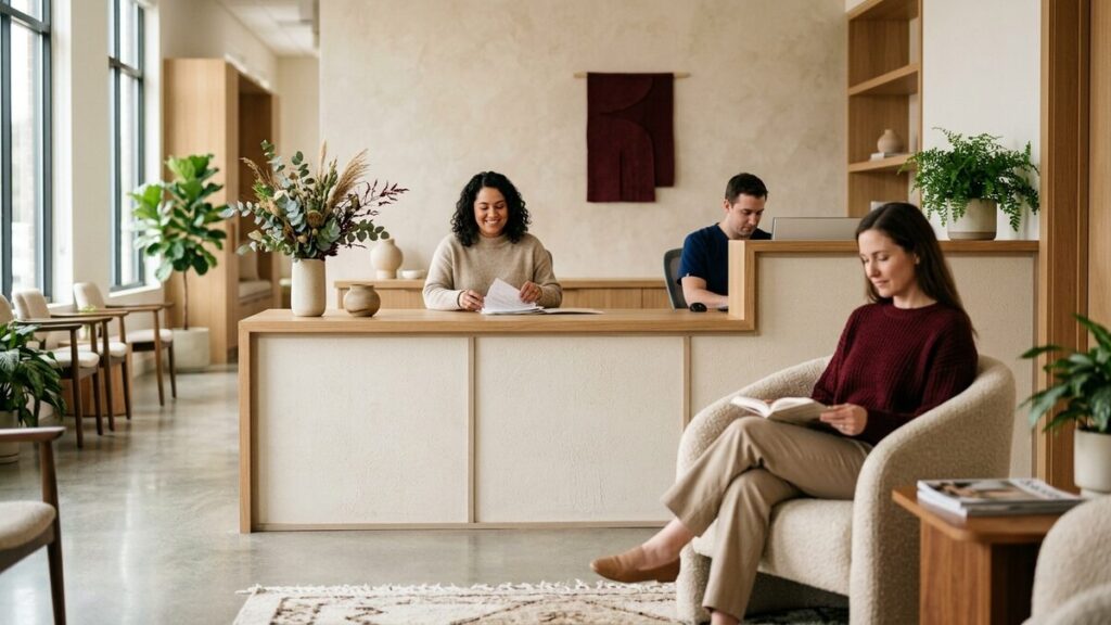 A warm, welcoming modern doctor office reception
