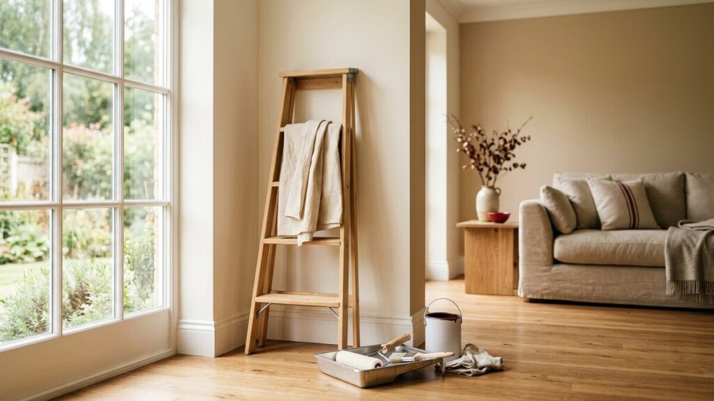 A freshly painted, beautiful bright home interior with a roller set aside