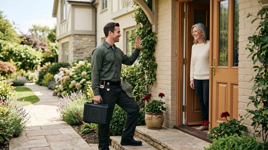 A friendly pest control professional at a welcoming home doorway