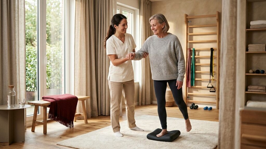 A warm, calm physical therapy clinic with simple equipment