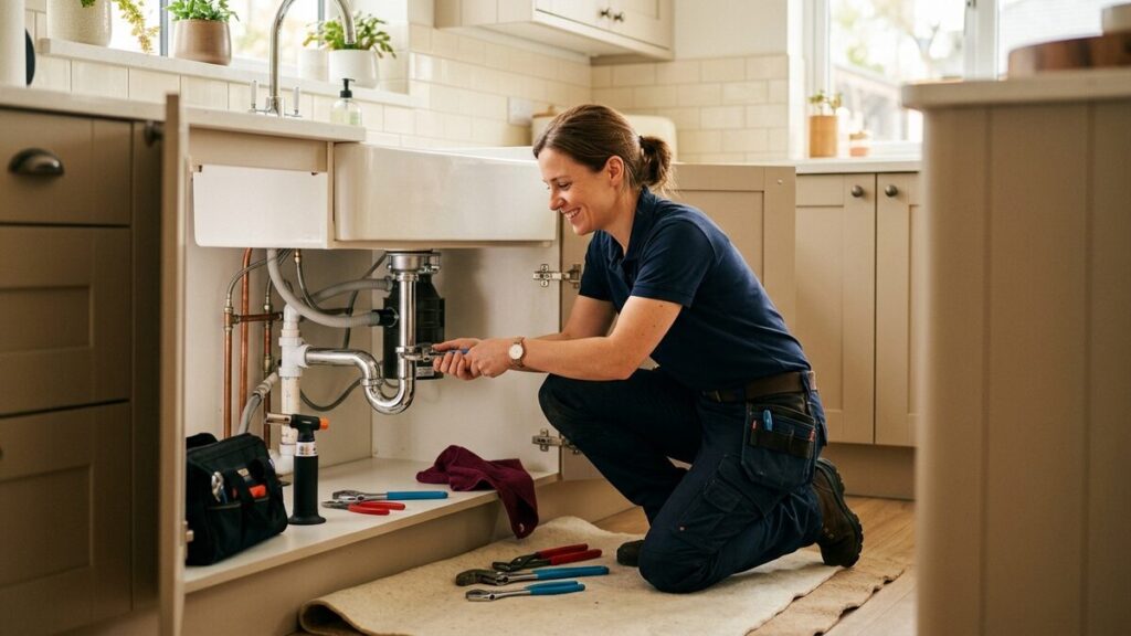 A friendly plumber working under a sink in a clean modern home