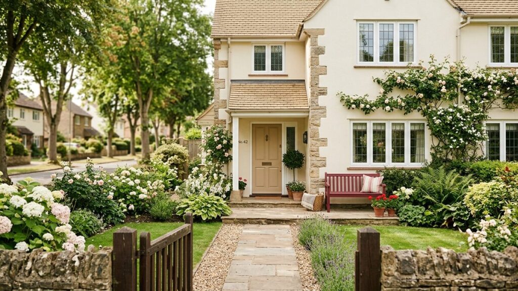 A welcoming attractive home with a tidy front yard on a pleasant street
