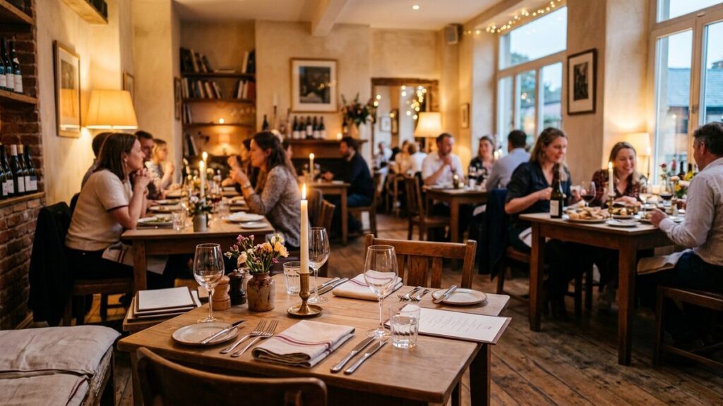 A warm, inviting restaurant interior with neatly set tables