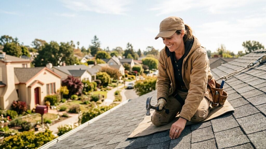 A roofer finishing quality work on a residential roof on a bright clear day