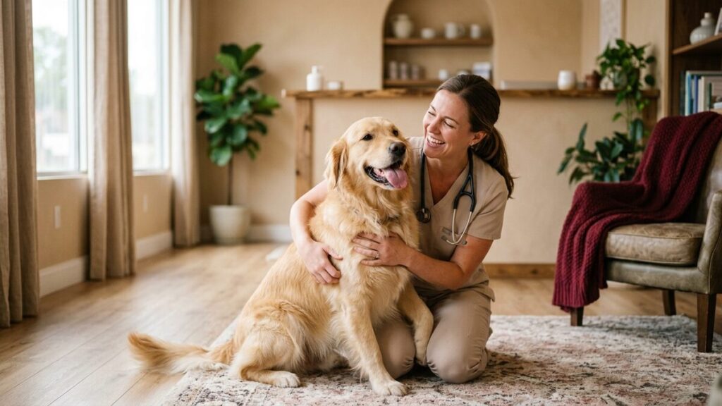 A warm veterinary clinic with a friendly vet gently holding a happy pet