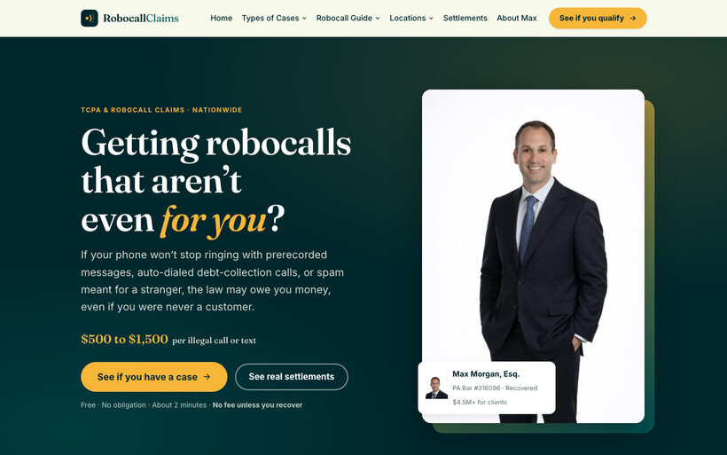 Homepage build for a robocall and TCPA consumer-protection law firm
