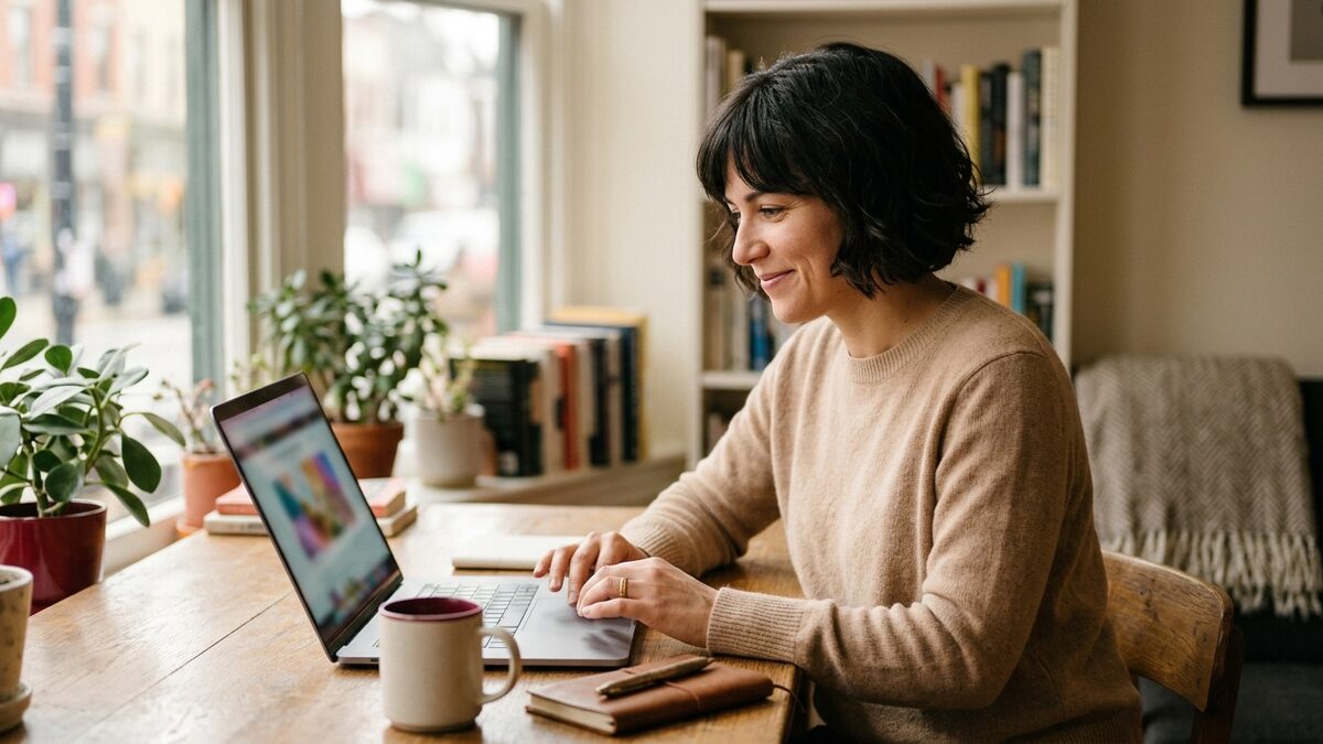 A small business owner improving their online presence on a laptop