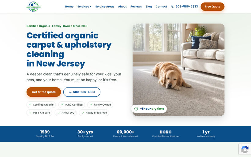 Homepage build for an organic carpet and upholstery cleaning company in New Jersey