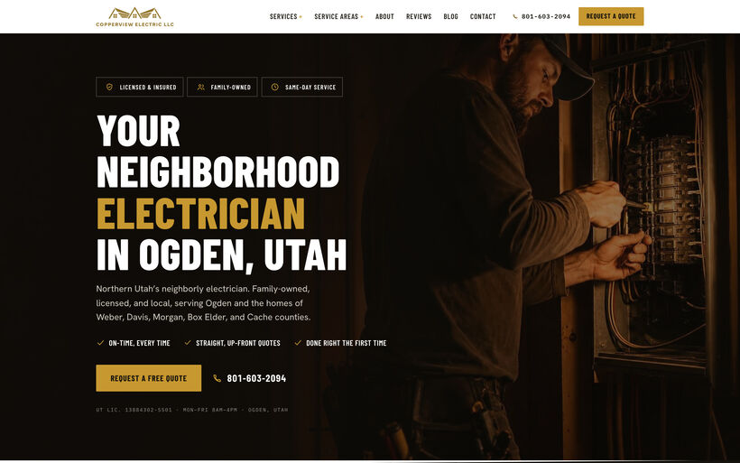 Homepage build for a neighborhood electrician in Ogden, Utah
