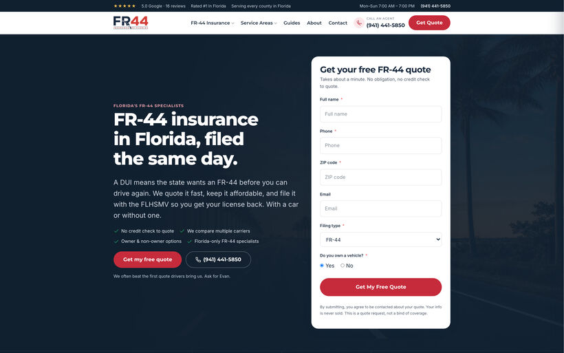 Homepage build for a Florida FR-44 insurance filing service