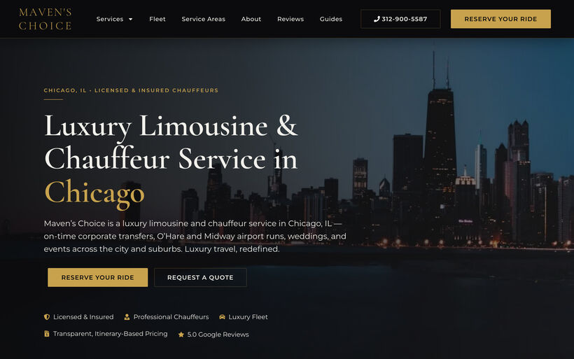 Homepage build for a luxury limousine and chauffeur service in Chicago