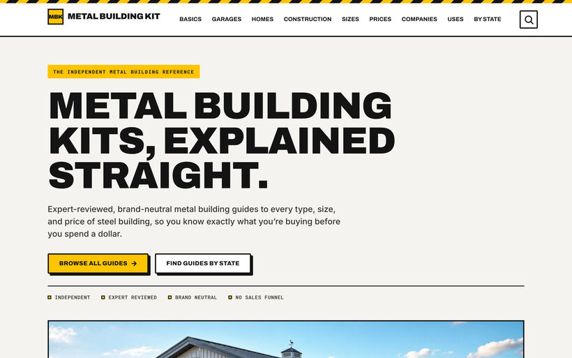 Homepage build for a metal building kit reference and guide site