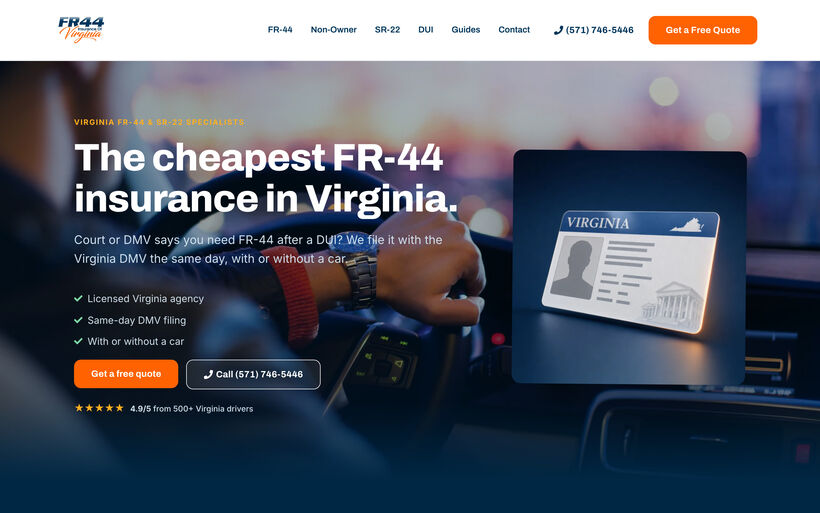 Homepage build for an FR-44 auto-insurance filing service in Virginia